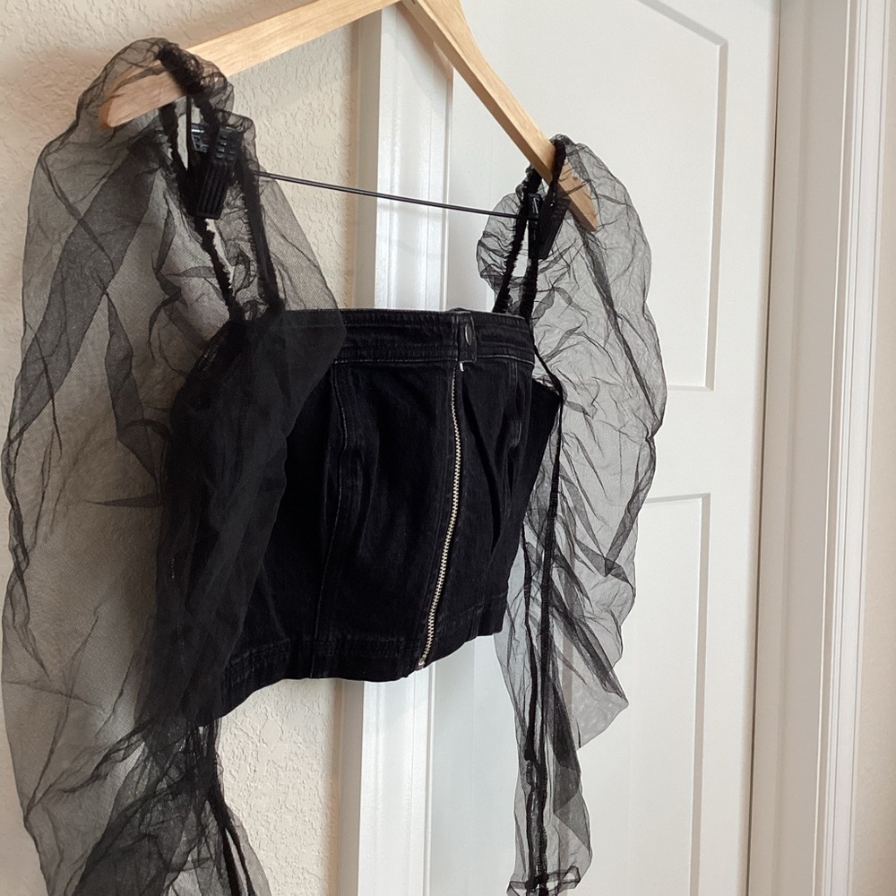 Anthropologie Puff-Sleeve Off-The-Shoulder Moto Blouse by Pilcro Small Black NWT - Picture 9 of 13